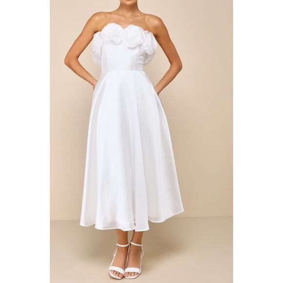 LULU'S XL Idyllic Muse White Organza Rosette Strapless Midi Dress NEW B126 - Picture 1 of 10